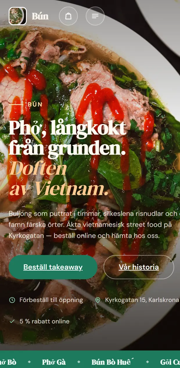 Startsidan på Bún i mobil – en beställningssajt byggd på Serveo.
