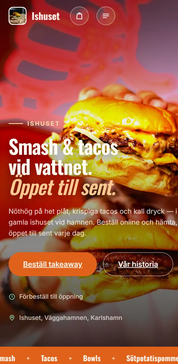 Startsidan på Ishuset i mobil – en beställningssajt byggd på Serveo.
